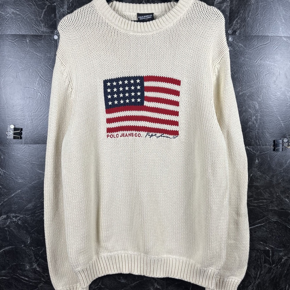Polo Ralph Lauren Men's Beige Co USA Flag Knit Sweater Large